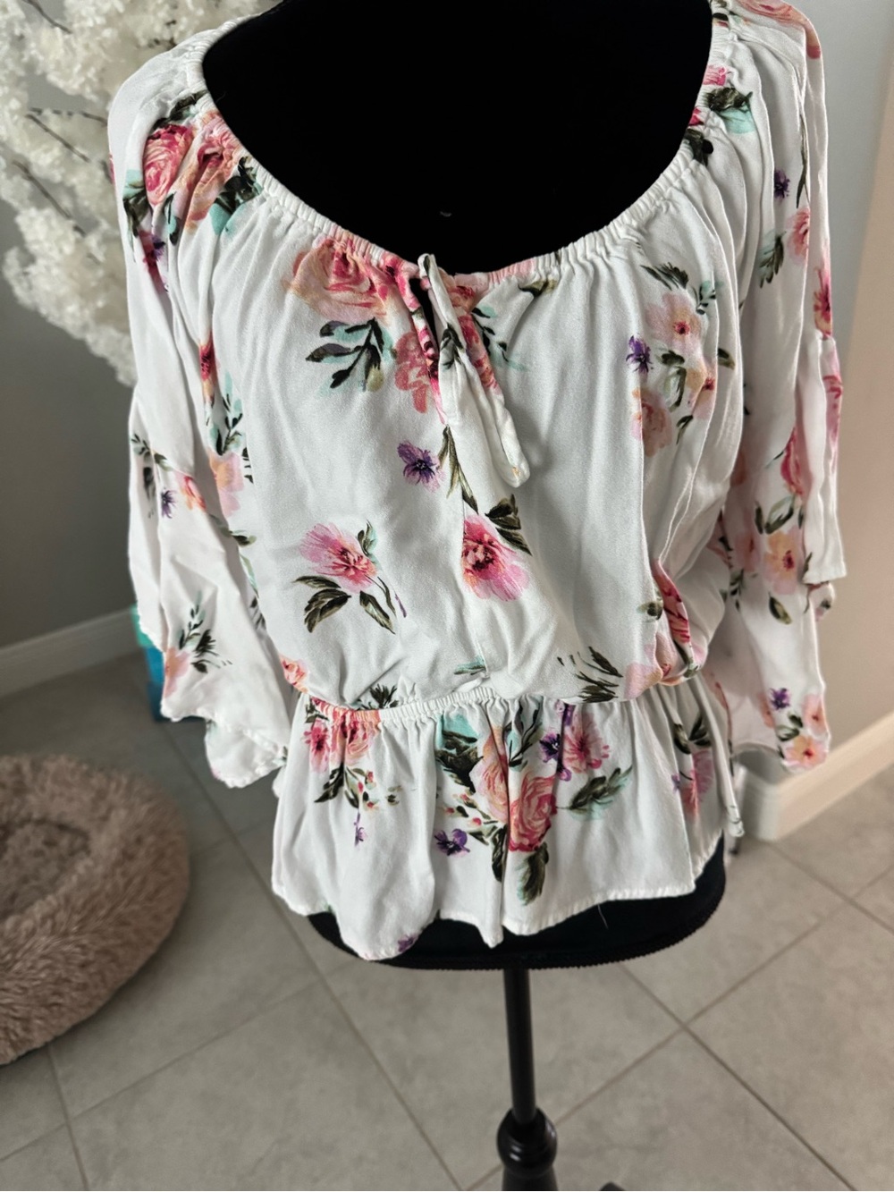 white birch White Floral Peasant Top with Pink Accents